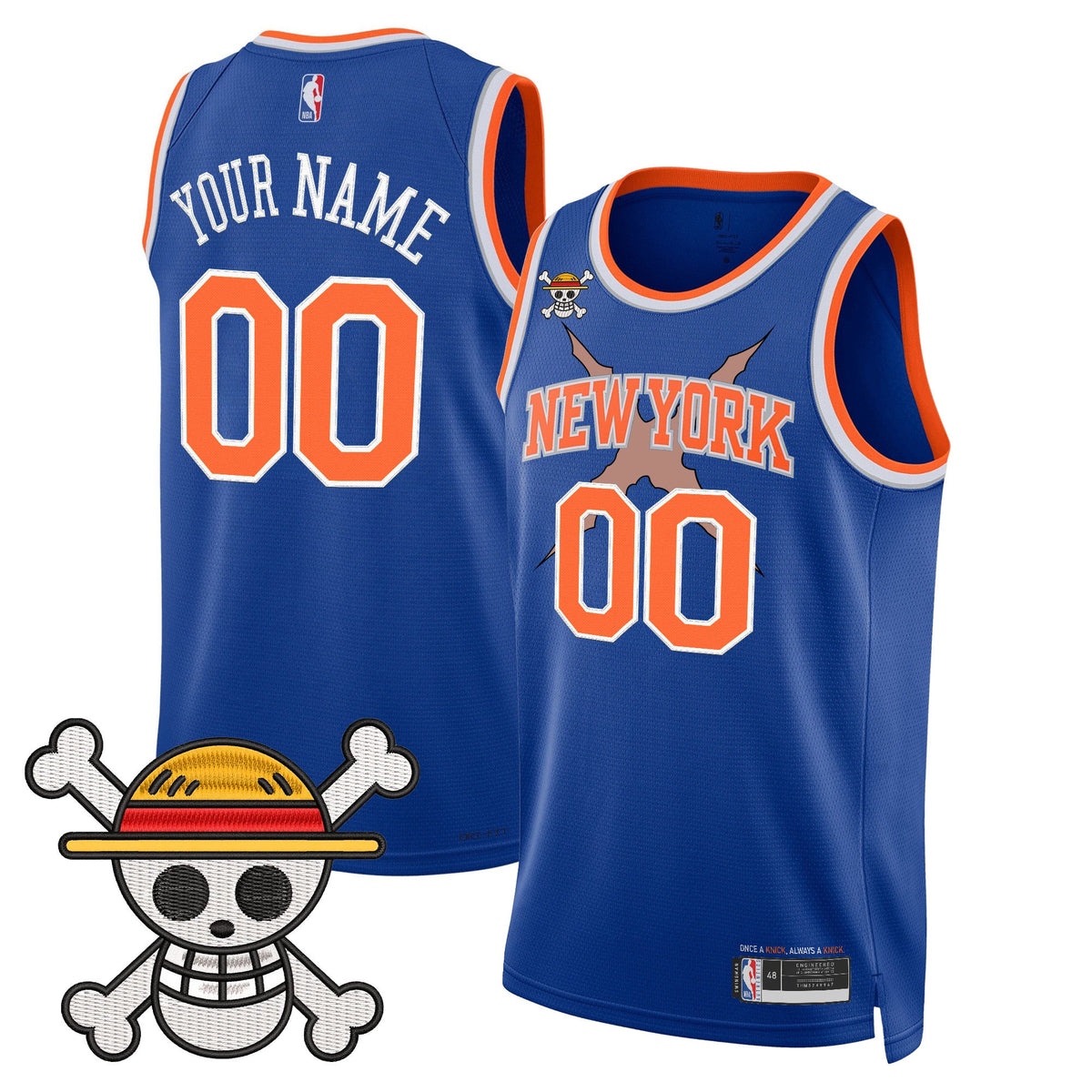 New York Knicks x One Piece Swingman Custom Jersey- Stitched product image 1, provided for visual reference and product